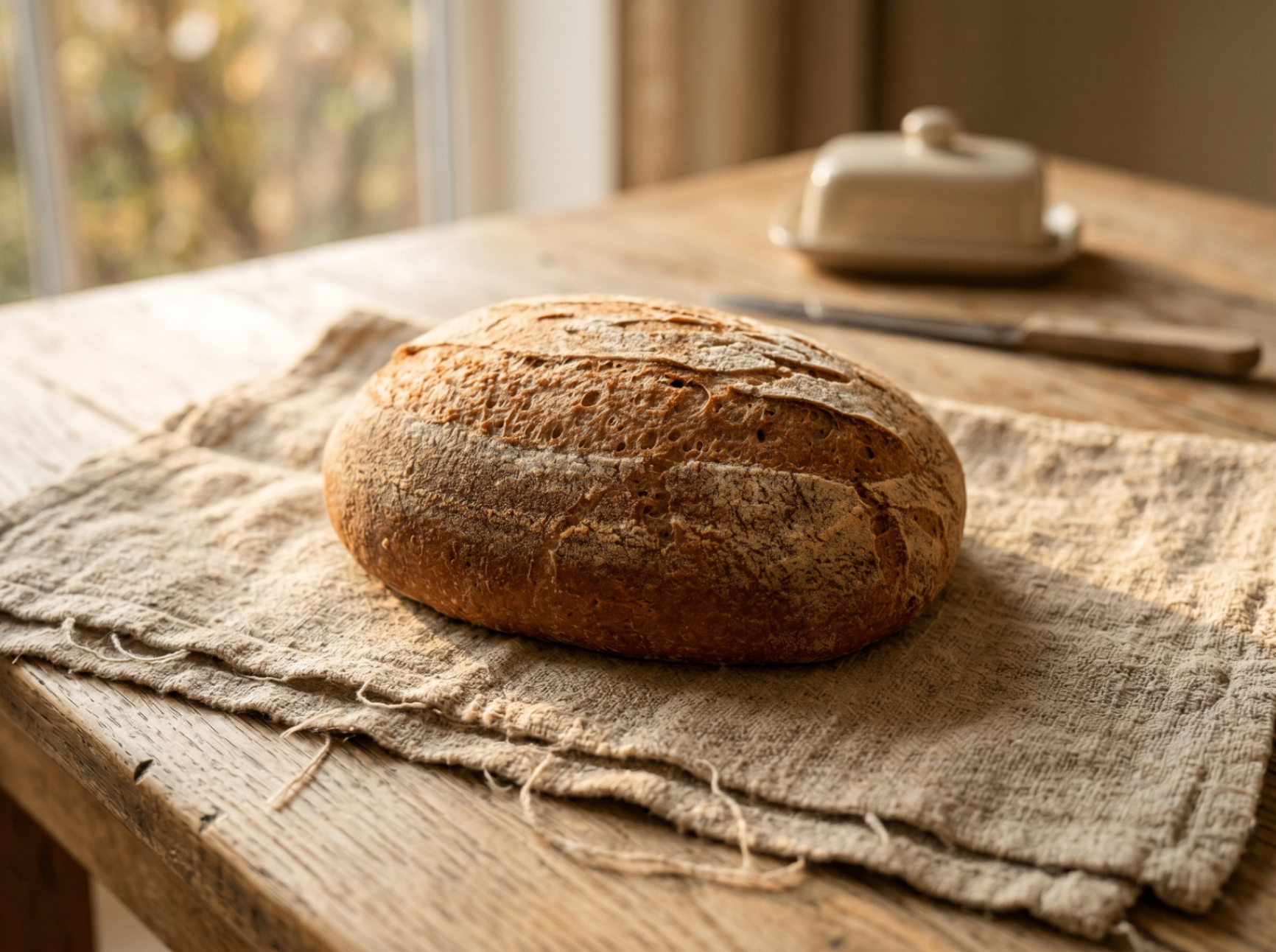 Hand-shaped gluten-free sourdough loaf on linen